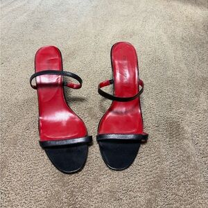 Colin Stuart Black Strappy Heeled Slides with Red Insole